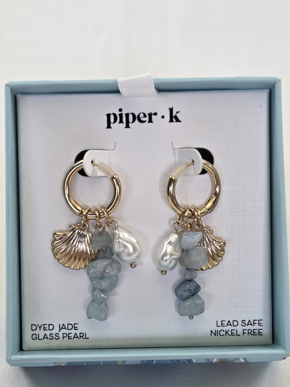 Piper K Gold Hoop Charm Earrings Blue Dyed Jade Glass Pearl Beach Seashell NIB